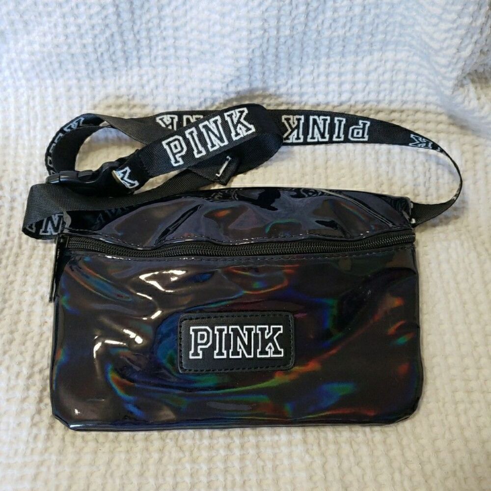 Victoria's Secret PINK Iridescent Holographic Fanny Pack Belt Bag Black & Pink